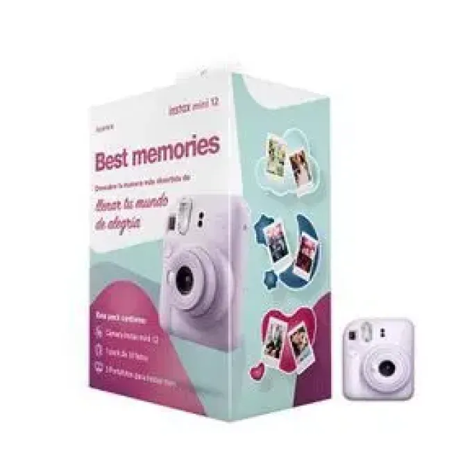 FUJIFILM PACK BEST MEMORIES INSTAX MINI 12 LILAC PURPLE CAMARA INSTANTANEA + FILM INSTAX MINI 10UD. + 3 PORTAFOTOS - TAMAÑO DE IMAGEN 62X46MM - FLASH AUTO - EXPOSICION AUTOMATICA - MINI ESPEJO PARA SE