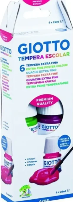 GIOTTO TEMPERA PACK DE 6 BOTES DE 25 ML. + PINCEL - BASE AGUA - EXCELENTE COBERTURA - COLORES SURTIDOS
