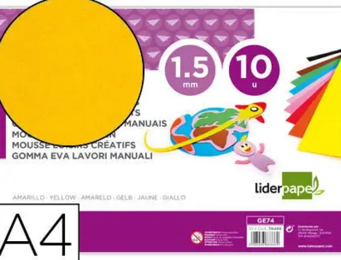 GOMA EVA LIDERPAPEL DIN A4 60G/M2 ESPESOR 1,5MM AMARILLO PAQUETE DE 10 HOJAS