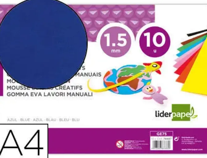 GOMA EVA LIDERPAPEL DIN A4 60G/M2 ESPESOR 1,5MM AZUL PAQUETE DE 10 HOJAS