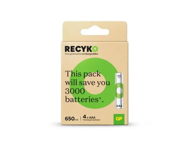 GP RECYKO PACK DE 4 PILAS RECARGABLES 650MAH AAA 1.2V - PRECARGADAS - FABRICADAS CON MAS DEL 10% DE MATERIALES RECICLADOS