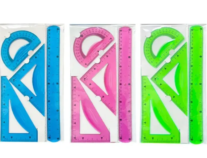 JUEGO ESCUADRA 10 CM CARTABON 14 CM REGLA 30 CM Y SEMICIRCULO PLASTICO FLEXIBLE EN PETACA LIDERPAPEL COLORES