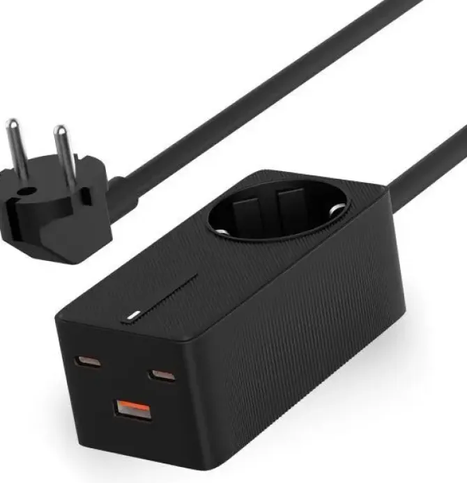 KSIX REGLETA CARGA ULTRA RAPIDA GAN 65W - PPS - POWER DELIVERY - MULTIPUERTO X4 - CABLE 1.5 M - INDICADOR LED - COLOR NEGRO