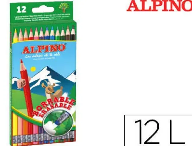 LAPICES DE COLORES ALPINO BORRABLE CON GOMA CAJA DE 12 COLORES SURTIDOS