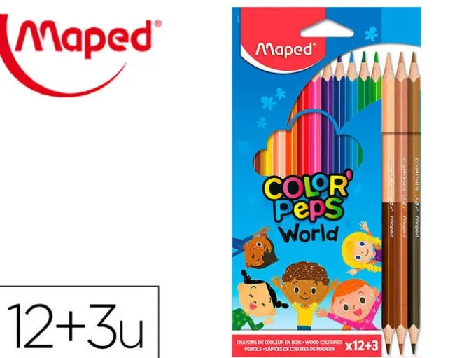 LAPICES DE COLORES MAPED COLOR PEPS WORLD CAJA DE 12 COLORES SURTIDOS + 3 DUO TONOS DE PIEL