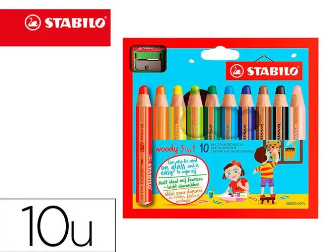 LAPICES DE COLORES STABILO WOODY 3 EN 1 MINA XXL ESTUCHE DE 10 COLORES SURTIDOS + SACAPUNTAS