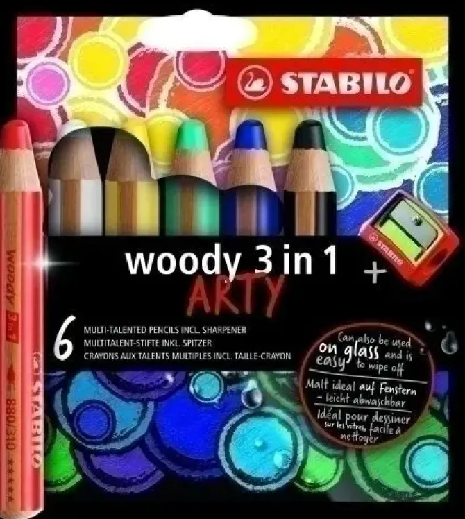 LAPICES DE COLORES STABILO WOODY 3 EN 1 ARTY LINE MINA XXL ESTUCHE DE 6 COLORES SURTIDOS + SACAPUNTAS