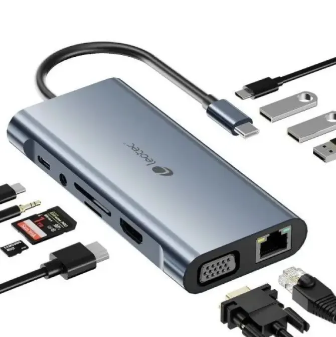 LEOTEC ADAPTADOR 11 EN 1 USB-C A 1XHDMI, 1XVGA, 1XRJ45, 3XUSB-A 3.0, 1XUSB-C PD, 1XUSB-C, 1XTF+1XSD, 1X AUDIO - COLOR GRIS