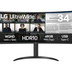 LG ULTRAWIDE MONITOR 34 CURVO LED VA WQHD 100HZ - RESPUESTA 5MS - ANGULO DE VISION 178º - AJUSTABLE EN ALTURA E INCLINACION - 21:9 - USB-A, USB-C 65W, HDMI, DISPLAYPORT - VESA 100X100MM