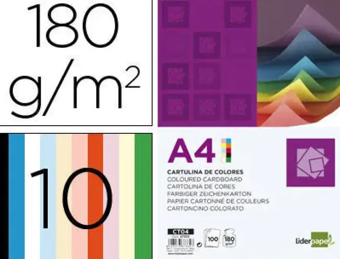 LIDERPAPEL CARTULINA LIDERPAPEL DIN A4 180G/M2 10 COLORES SURTIDOS PAQUETE DE 100 37332
