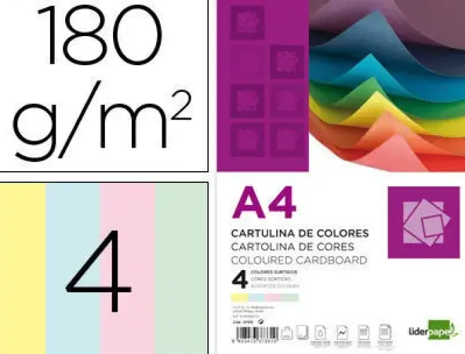 LIDERPAPEL CARTULINA LIDERPAPEL A4 180G/M2 4 COLORES SURTIDOS PAQUETE DE 100 37331