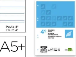 LIDERPAPEL RECAMBIO 4º CUARTO 4 Y 6 TALADROS 100 HOJAS PAUTA 3,5 MM CON MARGEN RC10