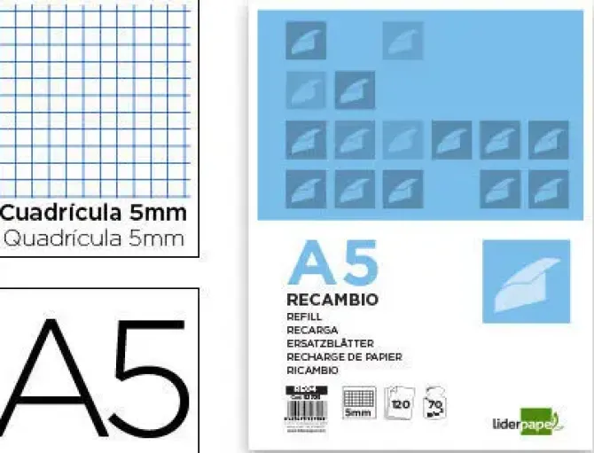 LIDERPAPEL RECAMBIO DIN A5 120H MULTITALADRO 80 GRAMOS CUADRICULA 5 MM BANDA 5 COLORES CS52705