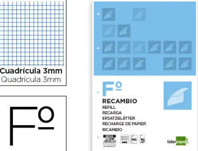 LIDERPAPEL RECAMBIO FOLIO 100H MULTITALADRO CUADRO 3 MM