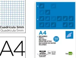 LIDERPAPEL RECAMBIO LIDERPAPEL A4 100 HOJAS 100G/M2 CUADRO 5MM CON MARGEN 4 TALADROS CS29104