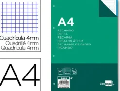 LIDERPAPEL RECAMBIO LIDERPAPEL A4 100 HOJAS 100G/M2 CUADRO 4MM CON MARGEN 4 TALADROS 47116