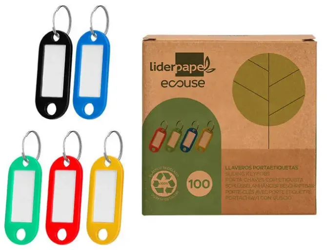 LLAVERO PORTAETIQUETAS LIDERPAPEL ECOUSE FABRICADO EN PLASTICO RECICLADO EXPOSITOR DE 100 UNIDADES