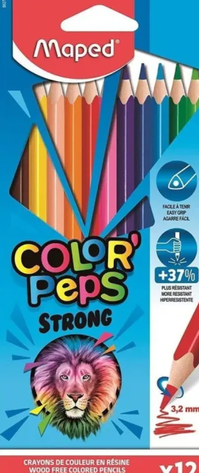 MAPED COLOR´PEPS STRONG LAPICES TRIANGULARES DE COLORES - SIN MADERA - MINA 3,2 MM - PUNTA ULTRA RESISTENTE - COLORES SURTIDOS - ESTUCHE DE 12 UD