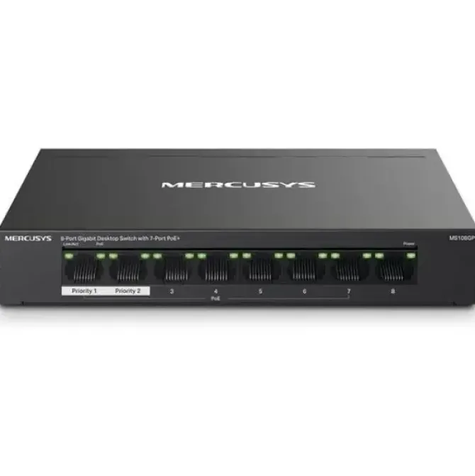 MERCUSYS SWITCH 8 PUERTOS GIGABIT RJ45 10/100/1000MBPS - 7 PUERTOS POE - DISEÑO COMPACTO - PLUG & PLAY - CARCASA DE METAL