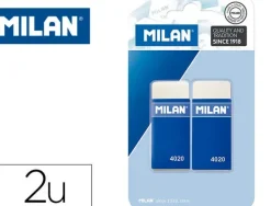 MILAN 4020 PACK DE 2 GOMAS DE BORRAR RECTANGULARES - MIGA DE PAN - SUAVE CAUCHO SINTETICO - FAJA DE CARTON AZUL - COLOR BLANCO