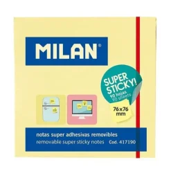 MILAN BLOC DE 90 NOTAS SUPER ADHESIVAS - REMOVIBLES - MAYOR PERMANENCIA - 76MM X 76MM - COLOR AMARILLO CLARO