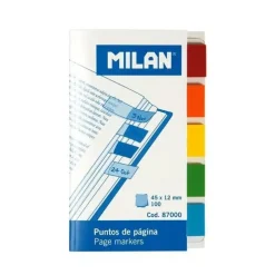 MILAN BLOC DE 100 PUNTOS DE PAGINA DE COLORES - PARTE TRANSPARENTE ADHESIVA - PLASTICO - REMOVIBLES - MEDIDAS 45MM X 12MM - COLORES SURTIDOS