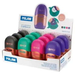 MILAN CAPSULE COPPER EXPOSITOR DE 12 AFILABORRAS - CUCHILLA DE ACERO - GOMA DE BORRAR - CUCHILLA DE SEGURIDAD - COLORES SURTIDOS