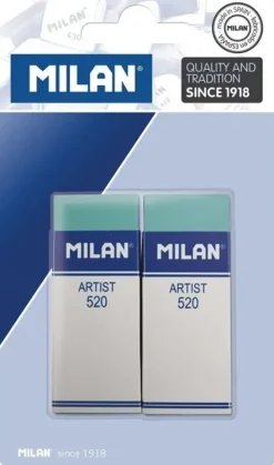 MILAN NATA 520 ARTIST PACK DE 2 GOMAS DE BORRAR RECTANGULARES - PLASTICO - FAJA DE CARTON BLANCA - NO DAÑA EL PAPEL - COLOR VERDE