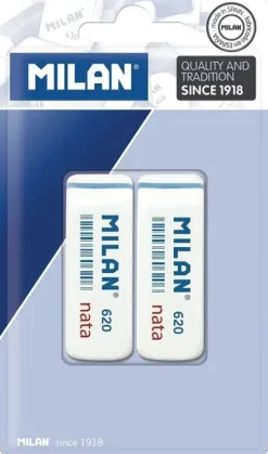 MILAN NATA 620 PACK DE 2 GOMAS DE BORRAR BISELADAS - PLASTICO - SUAVE - NO ABRASIVA - COLOR BLANCO