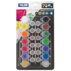 MILAN PACK DE 14 TARROS DE TEMPERA 5 ML + 12 BOTES PARA MEZCLAS + 1 PINCEL SERIE 101 - SECADO RAPIDO - MEZCLABLE - COLORES SURTIDOS