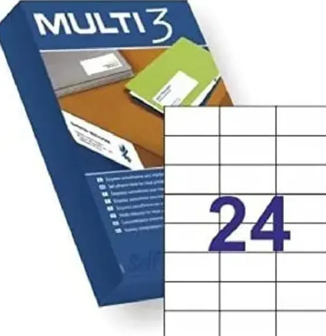 MULTI3 PACK DE 12.000 ETIQUETAS BLANCAS CANTOS RECTOS TAMAÑO 70.0X37.0MM CON ADHESIVO PERMANENTE PARA MULTIPLES USOS