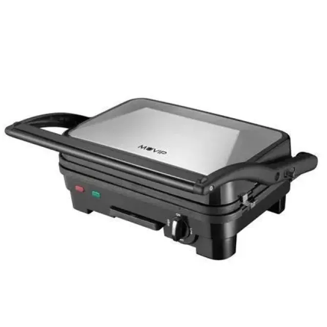 MUVIP SANDWICHERA INOX 1800W - PLACAS ANTIADHERENTES REVERSIBLES GRILL, LISA - SELECTOR DE TEMPERATURA - PLACA SUPERIOR BASCULANTE - ASAS TACTO FRIO