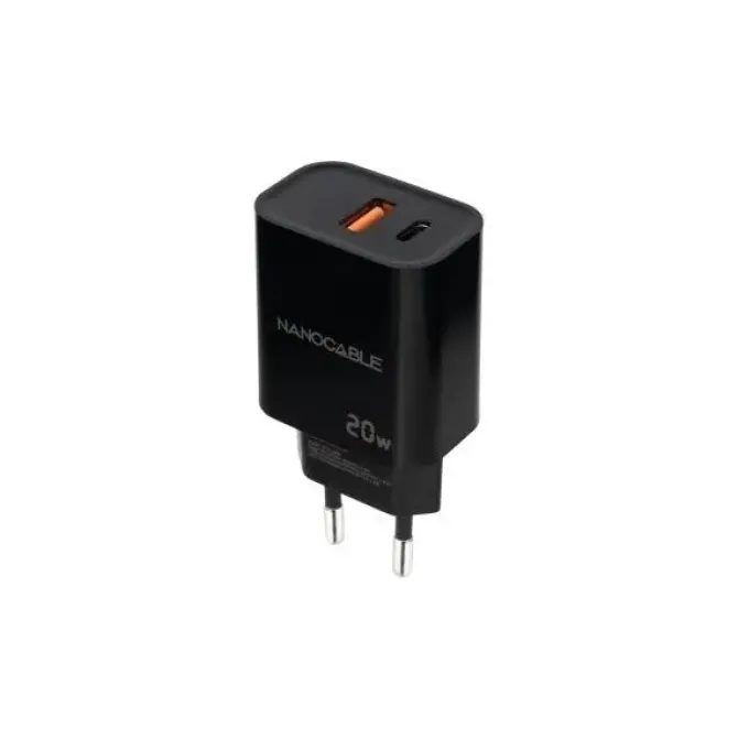 NANOCABLE CARGADOR DE PARED USB-C/PD + USB-A/QC 20W - COLOR NEGRO