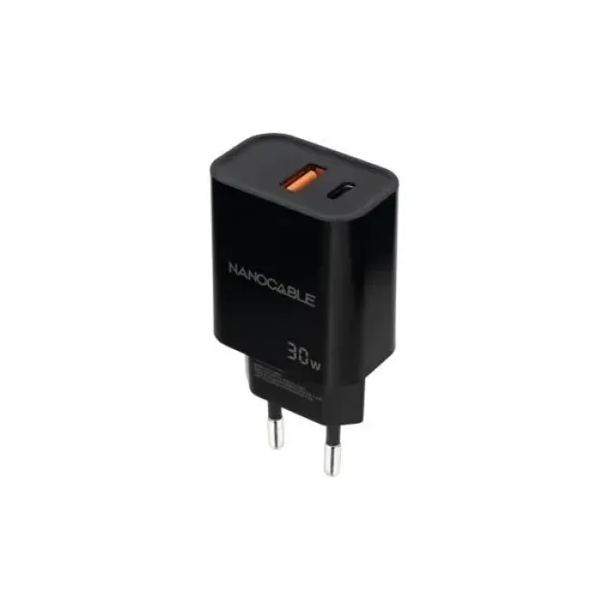 NANOCABLE CARGADOR DE PARED USB-C/PD + USB-A/QC 30W - COLOR NEGRO