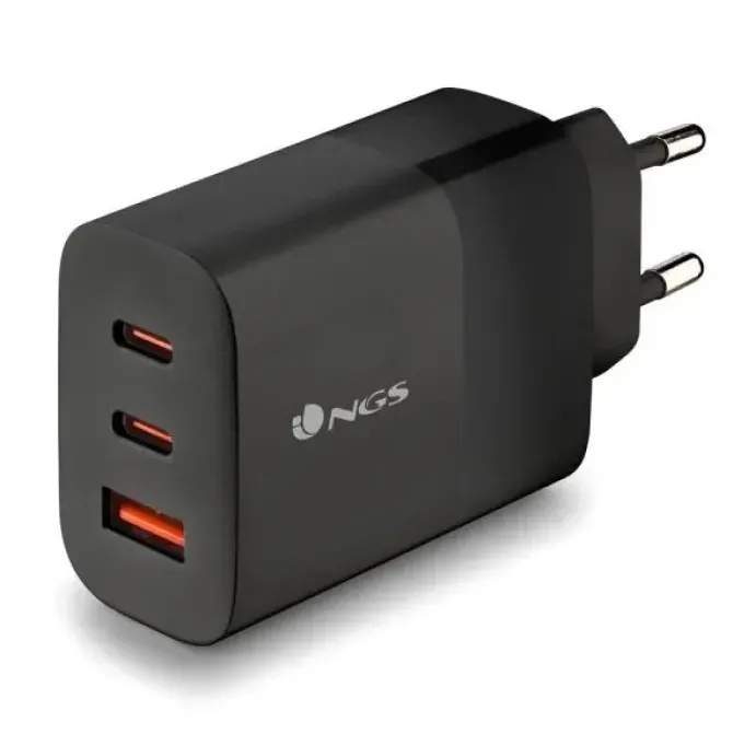 NGS BUD 65W CARGADOR UNIVERSAL DE PARED 65W ULTRARAPIDO - 2X USB-C PD & PPS, 1X USB-A QC 3.0 - COLOR NEGRO