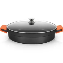 ORBEGOZO CDB CACEROLA BAJA SERIE 10.5L - ALUMINIO FUNDIDO INDEFORMABLE - ASAS DE SILICONA - APTA PARA TODO TIPO DE FUEGOS - SUPERFICIE ANTIADHERENTE - TAPA DE CRISTAL TEMPLADO