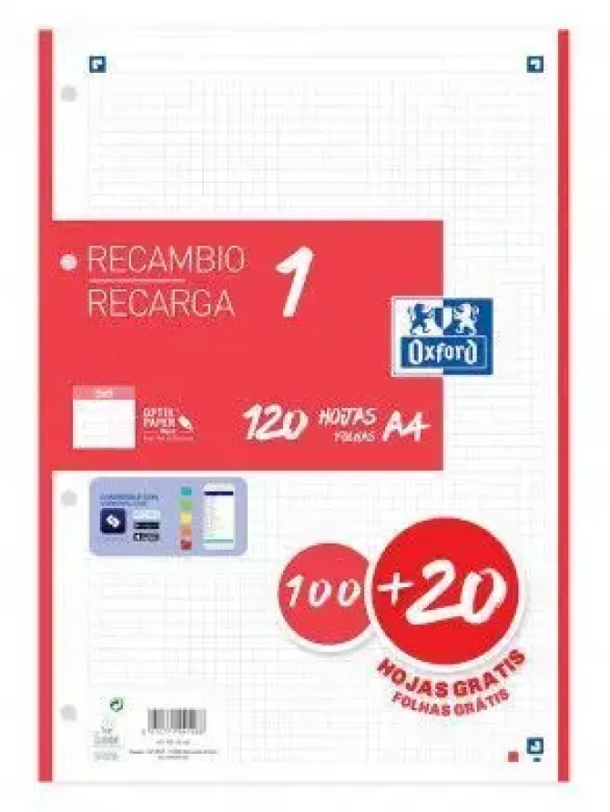 OXFORD RECAMBIO COLOR OXFORD DIN A4 100 + 20HOJAS GRATIS 90 GR CUADRO 5 MM 4 TALADROS ROJO