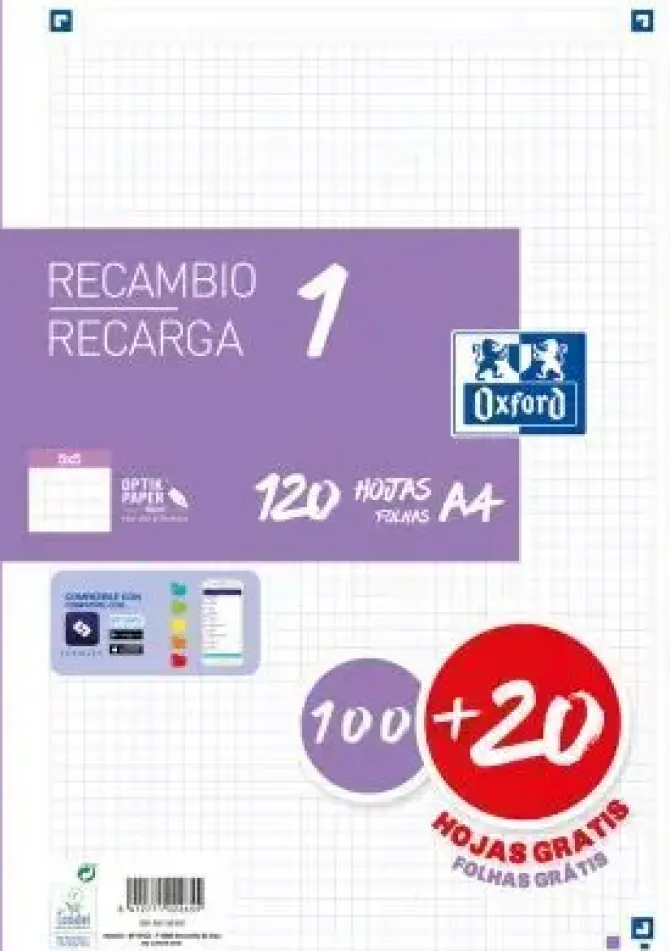 OXFORD RECAMBIO COLOR OXFORD DIN A4 100 + 20HOJAS GRATIS 90 GR CUADRO 5 MM 4 TALADROS MORADO PURPURA LILA VIOLETA