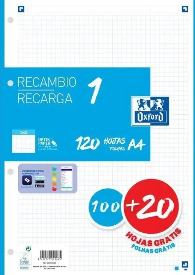OXFORD RECAMBIO COLOR OXFORD DIN A4 100 + 20HOJAS GRATIS 90 GR CUADRO 5 MM 4 TALADROS AZUL