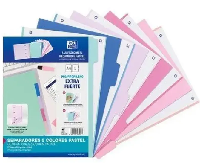 OXFORD SEPARADOR COLORES PASTEL A4 5 POSICIONES POLIPROPILENO EXTRA FUERTE 500 MICRAS 400159036