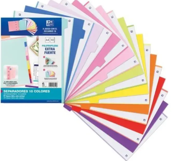 OXFORD SEPARADOR COLORES A4 10 POSICIONES POLIPROPILENO EXTRA FUERTE 500 MICRAS 40015938
