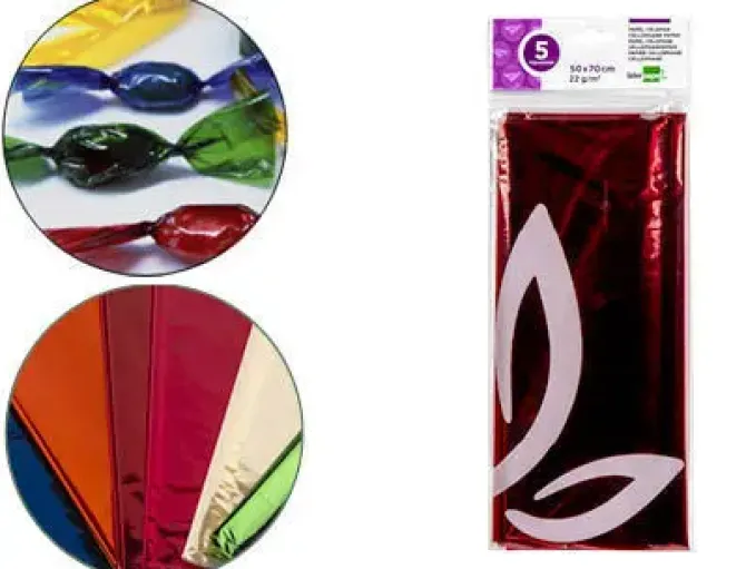 PAPEL CELOFAN LIDERPAPEL 50X70 CM 22G/M2 BOLSA DE 5 HOJAS ROJO