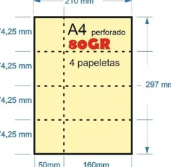 PAPEL 100H A-4 80GR PERFORADO AMARILLO EN 4 PARTES 74,25MMX210MM + 50MM MATRIZ PARA PAPELETAS O RIFA IMPRESORA LASER O INKJET