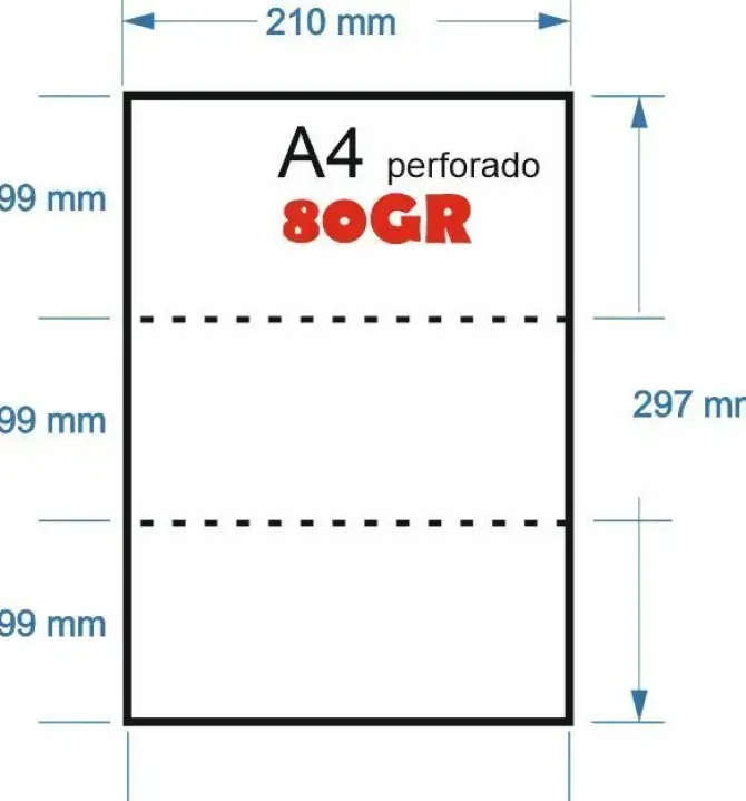 PAPEL 500H A-4 80GR PERFORADO EN 3 PARTES 99MMX210MM PARA RECIBOS BANCARIOS IMPRESORA LASER O INKJET