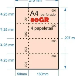PAPEL NUMERADO ROSA 100H A-4 80GR PERFORADO EN 4 PARTES 74,25MMX210MM + 50MM MATRIZ PARA PAPELETAS O RIFA IMPRESORA LASER O INKJET