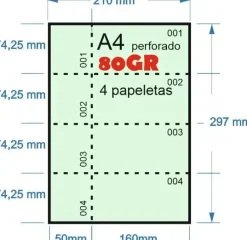PAPEL NUMERADO VERDE 100H A-4 80GR PERFORADO EN 4 PARTES 74,25MMX210MM + 50MM MATRIZ PARA PAPELETAS O RIFA IMPRESORA LASER O INKJET