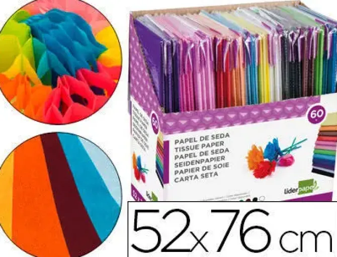 PAPEL SEDA LIDERPAPEL 52X76 CM EXPOSITOR 60 BOLSAS DE 5 HOJAS12 COLORES SURTIDOS