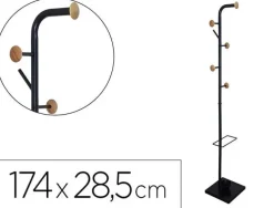 PERCHERO METALICO Q-CONNECT NEGRO CON DETALLES DE MADERA 6 COLGADORES Y PARAGUERO 174X28,5 CM