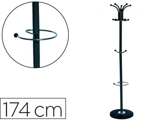 PERCHERO METALICO Q-CONNECT NEGRO DE PIE 10 COLGADORES Y PARAGUERO 174X40 CM