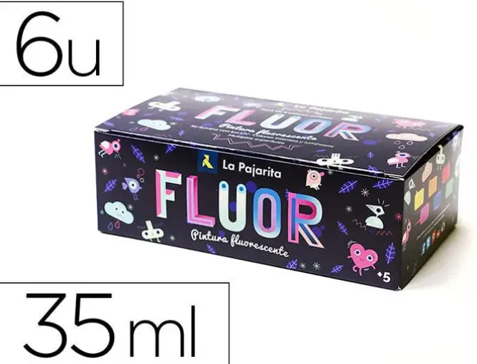 PINTURA ACRILICA LA PAJARITA FLUORESCENTE 35 ML CAJA DE 6 UNIDADES COLORES SURTIDOS